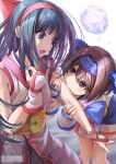  2girls ainu_clothes armpit_crease artist_name bilingual_commentary biting_arm black_hair blue_eyes blue_hairband blue_shorts bluesky_username bow bridal_gauntlets brown_eyes brown_hair commentary dargain_x hair_bow hairband hand_up hands_on_another's_arm hands_up highres ice konril leaning_forward long_hair looking_at_another mixed-language_commentary multiple_girls nakoruru obi open_mouth red_bow red_hairband rimururu samurai_spirits sash short_hair shorts siblings sisters standing twitter_username white_bridal_gauntlets yellow_sash 