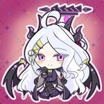 ahoge armband black_coat black_gloves black_skirt blue_archive blush chibi coat coat_on_shoulders commentary_request demon_girl demon_horns demon_wings full_body gloves halo hina_(blue_archive) horns low_wings purple_eyes purple_halo red_armband seizingdays sitting skirt wings 