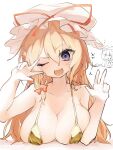  2gousu 3girls alternate_costume bikini blonde_hair blush bow breasts chen cleavage commentary_request double_w gold_bikini hair_bow hat highres huge_breasts long_hair mob_cap multiple_girls purple_eyes red_bow red_ribbon ribbon solo swimsuit touhou translation_request w white_hat yakumo_ran yakumo_yukari 