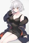  ahoge bangs black_dress blush breasts cape cleavage closed_mouth collarbone commentary_request dress eyebrows_visible_through_hair fate/grand_order fate_(series) fur-trimmed_cape fur_collar fur_trim highres jeanne_d&#039;arc_(alter)_(fate) jeanne_d&#039;arc_(fate)_(all) jeanne_d'arc_(alter)_(fate) jeanne_d'arc_(fate)_(all) jewelry large_breasts legs looking_at_viewer necklace neko-san_(dim.dream) off_shoulder pale_skin short_dress short_hair silver_hair sitting yellow_eyes 