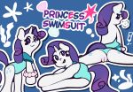 absurd_res blue_background breath butt clothing clothing_aside cutie_mark equid equine female feral friendship_is_magic genitals hasbro hi_res hooves horn horse mammal my_little_pony mythological_creature mythological_equine mythology one-piece_swimsuit pony presenting presenting_hindquarters presenting_vulva rarity_(mlp) seashell shell simple_background solo swimwear swimwear_aside text unicorn vanilla_bundt vulva