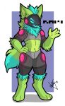 2025 4_fingers absurd_res ambiguous_gender angry anthro blue_body blue_eyes blue_fur blue_hair blue_mouth blue_tail_tip border dathgar digital_drawing_(artwork) digital_media_(artwork) digitigrade dipstick_tail english_description fingers fur green_body green_fur grey_background hair hand_on_hip hand_on_own_hip hi_res humanoid_hands looking_at_viewer machine markings navel neck_tuft protogen protogen_armor protogen_visor simple_background solo standing tail tail_markings tuft white_border