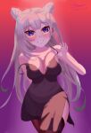  1girl absurdres alternate_costume bare_shoulders black_nightgown blue_eyes blush breasts cleavage commentary dated grey_hair hair_between_eyes highres hololive hololive_indonesia lace_trim lancerisdead large_breasts looking_at_viewer nightgown signature sleepwear solo vestia_zeta virtual_youtuber 