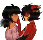  2girls black_hair blue_eyes bodysuit commentary dragon_horns english_commentary eye_mask floral_print hand_on_another's_cheek hand_on_another's_face heart highres horns kagami_tsurugi looking_at_another marinette_dupain-cheng mask miraculous_ladybug multiple_girls rara_(princesseadrien) red_bodysuit red_horns red_mask ryuko_(miraculous_ladybug) short_hair smile superhero_costume twintails yuri 