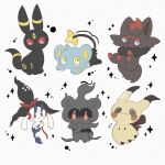  aqua_eyes black_theme blush_stickers color_connection commentary fang floette floette_(eternal) highres jira_077 marshadow mimikyu pokemon pokemon_(creature) pokemon_focus red_eyes shinx simple_background sitting smile umbreon untranslatable_commentary white_background yellow_eyes zorua 