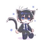  1boy :< akinashi_haru black_hair black_jacket black_pants black_suit blue_eyes blue_necktie cat_boy chibi chibi_only commentary highres jacket lapels male_focus necktie pants qinliu_cat saihate_eki short_hair simple_background solo suit untranslatable_commentary white_background 