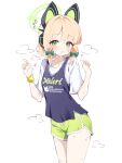  1girl alternate_costume animal_ear_headphones animal_ears blonde_hair blue_archive blush cardcat_00 cat_ear_headphones cat_ears commentary dolphin_shorts fake_animal_ears green_eyes gym_shirt halo headphones highres looking_at_viewer midori_(blue_archive) shirt short_hair shorts sweat sweatdrop thighs untranslatable_commentary 