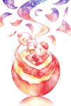  absurdres apple apple_peel beret blush colored_pencil_(medium) commentary_request constellation crescent easel floating flower flower_on_head food fruit ghost hat highres holding holding_pencil no_humans original pencil pink_flower simple_background sketchbook traditional_media white_background yukichi_0611 