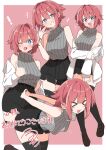  ! >_< +++ 1girl :3 :d \||/ absurdres belt bent_over black_belt black_shorts black_thighhighs blue_eyes blush blush_stickers border breasts bright_pupils brown_shoes commentary_request commission cowboy_shot cropped_legs full_body grey_sweater grin hair_between_eyes hand_on_own_arm highres jacket loafers looking_at_viewer medium_breasts multi-source_commentary multiple_views no_nose off_shoulder one_eye_closed open_clothes open_jacket open_mouth original outside_border partial_commentary red_background red_hair ribbed_sweater shoes short_hair shorts signature simple_background skeb_commission sleeveless sleeveless_sweater sleeves_past_wrists smile sweater thank_you thighhighs thighs thumbs_up turtleneck turtleneck_sweater uruti_2388 white_border white_jacket white_pupils 