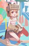 :d absurdres alternate_costume animal_ear_headphones animal_ears blonde_hair blue_archive blush brown_skirt cardboard_costume cat_ear_headphones cat_ears chinese_commentary commentary_request fake_animal_ears fake_tail flip-flops halo hat headphones highres horseback_riding looking_at_viewer low-tied_sidelocks marshal_(artist) momoi_(blue_archive) open_mouth pink_halo riding rocking_horse sandals short_hair sidelocks skirt sleeveless smile striped_tank_top tail tank_top 