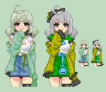  1girl 2girls ahoge araga_kiwi blush breasts commentary_request double_bun green_hair hair_bun hat keykey117117 large_breasts long_hair looking_at_viewer lowres mahou_shoujo_ni_akogarete mole mole_under_eye multiple_girls open_mouth pixel_art simple_background smile solo 