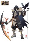 1other absurdres animal_skull arm_guards armor artist_logo belt belt_pouch bird black_boots black_cloak black_pants black_shirt boots breastplate brown_belt brown_gloves chain cloak commentary crow dated fire flaming_weapon full_body fur-trimmed_boots fur-trimmed_cloak fur_trim gloves greaves highres holding holding_scythe hood hood_up hooded_cloak inset_border julian_futanto logo looking_at_viewer original other_focus pants photo_inset pouch red_eyes reference_inset scythe shirt solo standing untranslatable_commentary weapon 