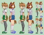  2girls animal_ears blush bow breasts brown_hair closed_mouth hair_between_eyes hair_ornament horse_ears horse_girl horse_tail keykey117117 multiple_girls open_mouth pixel_art purple_eyes sakura_laurel_(umamusume) shirt short_hair smile sugar_nation_(umamusume) tail umamusume umamusume:_star_blossom white_shirt 