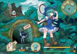  2girls absurdres ahoge aqua_eyes aqua_hair ascot bag bandaid bandaid_on_face black_socks black_vest blonde_hair blue_bow blue_dress blue_sky boots bow brown_bag brown_boots butterfly_net cirno cloud commentary_request darkness day dress flower full_body gameplay_mechanics hair_bow hair_ribbon hand_net hand_to_forehead health_bar highres ice ice_wings long_sleeves looking_to_the_side minimap multiple_girls neck_ribbon open_mouth outdoors pinafore_dress puffy_short_sleeves puffy_sleeves red_ascot red_eyes red_ribbon red_shoes ribbon rumia shirt shoes short_hair short_sleeves skirt skirt_set sky sleeveless sleeveless_dress socks standing sunflower tatutaniyuuto touhou translation_request tree tunnel umbrakinesis user_interface vest white_shirt white_socks wings yellow_flower 