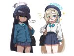  2girls aged_down ahoge asuna_(blue_archive) asymmetrical_bangs bag beret black_bag black_hair blonde_hair blue_archive blue_bow blue_bowtie blue_eyes blue_halo blue_ribbon blue_skirt blue_sweater blunt_bangs blush bow bowtie collared_shirt commentary_request cropped_legs dark-skinned_female dark_skin double-parted_bangs ear_piercing hair_over_one_eye halo hat highres karin_(blue_archive) korean_commentary long_hair long_sidelocks long_sleeves looking_at_viewer multiple_girls notice_lines open_mouth piercing pleated_skirt purple_halo ribbon saewoocho_bab school_bag school_uniform shirt shoulder_bag sidelocks simple_background skirt sparkle sweater teeth traditional_bowtie upper_teeth_only white_background white_shirt wristband yellow_eyes 