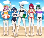  5girls absurdres beach bikini black_hair black_sclera blush brain breasts brown_eyes chainsaw_man cleavage cloud colored_sclera commentary_request cosmo_(chainsaw_man) exposed_brain eyepatch food fruit goggles goggles_on_head green_bikini green_hair grey_eyes hat hayate_dare heart heart-shaped_pupils highres horns innertube long_(chainsaw_man) multiple_girls navel one-piece_swimsuit orange_eyes pingtsi_(chainsaw_man) pink_hair quanxi_(chainsaw_man) red_bikini red_eyes red_hair simple_bird stitched_face stitches striped_innertube swim_goggles swim_ring swimsuit symbol-shaped_pupils tongue tongue_out translation_request tsugihagi_(chainsaw_man) watermelon white_hair yellow_eyes 