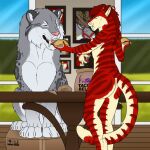  1:1 ambiguous_feral ambiguous_gender angel_(velvetvlade) anthro big_fangs duo eyes_closed fangs felid feral food fur furniture hair hi_res holding_food holding_object holding_taco inside killthe_demon male male_anthro mammal markings nude open_mouth pink_nose pink_tongue red_body red_fur red_hair short_hair sitting slim_anthro slim_male standing striped_arms striped_legs striped_markings striped_tail stripes table taco tail tail_markings teeth tongue yellow_body yellow_fur 