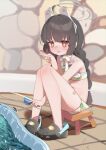  1girl absurdres ahoge animal_ear_hairband animal_ears bikini black_hair blue_archive blush braid bright_pupils chinese_commentary commentary_request crocs fake_animal_ears fishing fishing_rod grey_halo hairband halo hand_up highres holding holding_fishing_rod leaf_print long_hair looking_at_viewer marshal_(artist) miyu_(blue_archive) miyu_(swimsuit)_(blue_archive) navel official_alternate_costume on_stool open_mouth print_bikini rabbit_ear_hairband rabbit_ears red_eyes sitting solo stool swimsuit twin_braids v white_bikini white_pupils 