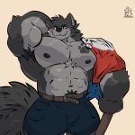 1:1 2025 abs anthro areola armpit_tuft artist_logo artist_name barazoku biped blue_bottomwear blue_clothing blue_shorts bodypaint bottomwear canid canine canis chest_tattoo chest_tuft clothed clothing colored face_paint footprint front_view fur grey_body grey_fur hand_behind_head hi_res logo looking_at_viewer male mammal muscular muscular_anthro muscular_male nipples paraguayan_flag pawprint pawprint_tattoo pecs phantasmbark portrait pubes seductive shaded shorts simple_background smile solo tail tan_background tattoo text three-quarter_portrait topless topless_anthro topless_male tuft wolf