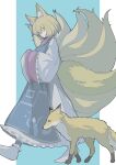  1girl absurdres blonde_hair blue_background blue_tabard border closed_mouth commentary_request dress fox highres iakiharu kitsune kyuubi large_tail long_dress long_sleeves looking_at_animal multiple_tails own_hands_together pillarboxed shoes short_hair simple_background sleeves_past_fingers sleeves_past_wrists smile solo tabard tail touhou walking white_border white_dress white_shoes wide_sleeves yakumo_ran yellow_eyes 