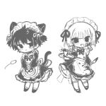  2boys :d akinashi_haru apron bell blood blush cat_boy cat_teaser commentary_request dress frilled_dress frills greyscale knife maid maid_headdress medium_dress monochrome multiple_boys nano473888 neck_bell saihate_eki short_hair smile tatsunami_shion two_side_up 