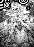  1girl ange_katrina bandaid bracelet chest_eye commentary_request crease drooling greyscale hands_up highres holding_neck hole_in_hand horror_(theme) intravenous_drip jewelry long_bangs lying medium_hair monochrome mouth_tube nijisanji no_eyes on_back open_mouth pill saliva saliva_pool scan scar scar_on_arm shou-star solo tongue tongue_out too_many_eyes traditional_media virtual_youtuber 