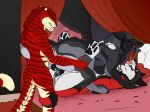  anal anal_penetration angel_(velvetvlade) anthro anthro_on_feral anthro_penetrating anthro_penetrating_feral barely_visible_genitalia barely_visible_penis bed bestiality big_fangs black_pawpads blue_eyes bodily_fluids canid canine cum cum_in_vagina cum_inside erection eyes_closed fangs felid female female/female female_penetrated feral feral_on_feral feral_penetrated fur furniture genital_fluids genitals group group_sex hi_res killthe_demon lying male male/female male_penetrating male_penetrating_female mammal markings nude on_back on_bed on_top pawpads penetration penile penile_penetration penis penis_in_ass pink_penis purple_eyes red_body red_fur sex standing striped_arms striped_legs striped_markings striped_tail stripes tail tail_markings teeth threesome trio yellow_body yellow_fur yipsky 