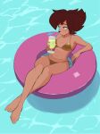  1girl absurdres amugea barefoot bikini breasts brown_hair cocktail_umbrella commentary crossed_ankles cup drinking drinking_glass drinking_straw drinking_straw_in_mouth earrings english_commentary from_above furry furry_female gold_bikini goof_troop highres holding holding_cup hoop_earrings hurricane_glass innertube jewelry large_breasts looking_to_the_side mickey_mouse_&amp;_friends navel peg_pete short_hair side-tie_bikini_bottom solo swim_ring swimsuit water 