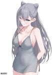  1girl absurdres alceid alternate_costume bare_shoulders black_nightgown blush breasts cleavage commentary grey_eyes grey_hair hair_between_eyes highres hololive hololive_indonesia lace_trim large_breasts looking_at_viewer nightgown sleepwear solo vestia_zeta virtual_youtuber 
