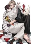  2boys :d arm_support barefoot bird black_hair black_kimono black_socks blush bottle brown_eyes brown_hair chicken commentary_request green_eyes highres japanese_clothes kimono long_sleeves looking_at_viewer male_focus mege_(megechan) multiple_boys open_mouth original sake_bottle sandals short_hair simple_background smile socks teeth unfinished white_background white_kimono yaoi 