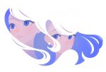  2girls absurdres blending blue_eyes blue_hair choomoranma commentary earrings glint highres jewelry long_hair looking_at_viewer looking_to_the_side multiple_girls original parted_lips simple_background upper_body white_background 