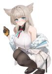  1girl absurdres ahoge animal_ears aqua_eyes aqua_jacket arknights arknights:_endfield arm_under_breasts bare_shoulders bird_ears bird_girl black_gloves black_pantyhose black_shoes blush closed_mouth collared_dress dress full_body gloves grey_hair hand_up highres jacket long_hair looking_at_viewer multicolored_gloves multicolored_jacket off_shoulder open_clothes open_jacket pantyhose perlica_(arknights) remapack77 shoes short_dress simple_background sitting sleeveless sleeveless_dress solo squatting two-tone_gloves two-tone_jacket white_background white_dress white_jacket yellow_gloves yellow_pupils 