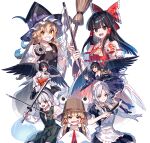  6+girls apron armor ascot black_bow black_bowtie black_dress black_hairband black_hat black_ribbon black_skirt black_vest blonde_hair bow bowtie braid brown_eyes brown_hair brown_hat brown_wings collared_shirt commentary_request detached_sleeves dress dual_wielding frilled_bow frills green_skirt green_vest grey_eyes grey_hair grin hair_bow hair_ribbon hair_tubes hairband hakurei_reimu hat hat_bow hauchiwa highres holding holding_knife iizunamaru_megumu izayoi_sakuya katana kirisame_marisa knife konpaku_youmu long_hair long_sleeves long_tongue looking_at_viewer maid_apron maid_headdress mini-hakkero moriya_suwako multiple_girls neck_ribbon open_mouth orb pauldrons pom_pom_(clothes) puffy_short_sleeves puffy_sleeves purple_bow purple_dress purple_hat red_bow red_hat red_ribbon ribbon ribbon-trimmed_dress ribbon_trim shameimaru_aya shirt short_sleeves shoulder_armor shoulder_guard side_braid single_braid single_pauldron skirt smile sword textless_version tokin_hat tongue tongue_out touhou vest weapon white_apron white_shirt wings witch_hat yellow_ascot yellow_eyes yin_yang yin_yang_orb zounose 