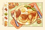  blueberry bowl butter cherry_print cherry_tomato commentary english_commentary english_text food food_focus food_print fork fried_egg fruit fruit_print highres knife lettuce nao_(bestrollever) napkin on_food original pancake plate rabbit sausage spoon strawberry syrup syrup_dispenser tomato wooden_bowl wooden_spoon 