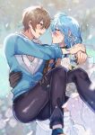 2boys :d arms_around_neck backlighting black_gloves black_pants blue_eyes blue_gem blue_hair blue_jacket blurry blurry_background blurry_foreground blush boutonniere brown_eyes brown_hair carrying carrying_person collared_shirt crystal_necklace edmond_(nu_carnival) eiden_(nu_carnival) fang flower gem gloves hair_ribbon happy highres jacket jewelry light_particles long_hair looking_at_another male_focus multiple_boys nu_417 nu_carnival official_alternate_costume outdoors pants parted_lips partially_open_jacket princess_carry ribbon ring rose see-through_clothes see-through_shawl shawl shirt short_hair smile sweatdrop v-shaped_eyebrows white_flower white_pants white_ribbon white_rose white_shawl white_shirt yaoi 