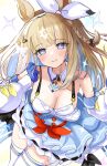  1girl almond_eye_(the_changer)_(umamusume) almond_eye_(umamusume) animal_ears bad_id bad_twitter_id bare_shoulders blue_dress blue_eyes blue_gloves blush braid breasts brown_hair cleavage closed_mouth colored_inner_hair commentary_request cross-shaped_pupils detached_sleeves dress gloves hanamura_pink highres horse_ears horse_girl horse_tail large_breasts long_hair looking_at_viewer multicolored_hair side_braid single_braid smile solo streaked_hair symbol-shaped_pupils tail thighhighs umamusume white_sleeves white_thighhighs 