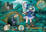  2girls ahoge aqua_eyes aqua_hair bag bandaid bandaid_on_face black_socks blue_bow blue_dress boots bow brown_bag brown_boots butterfly_net cirno commentary_request dress flower full_body hair_bow hand_net hand_to_forehead highres ice ice_wings looking_to_the_side multiple_girls neck_ribbon pinafore_dress puffy_short_sleeves puffy_sleeves red_ribbon ribbon rumia shirt short_hair short_sleeves sleeveless sleeveless_dress socks standing sunflower tatutaniyuuto touhou white_shirt wings yellow_flower 