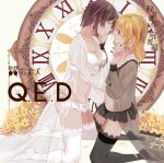  2girls album_cover album_name black_garter_belt black_nails black_thighhighs blonde_hair breasts brown_hair closed_eyes clothing_request cover flower from_side full_body garter_belt hand_on_another's_cheek hand_on_another's_face highres holding_hands houraisan_chouko imminent_kiss karento kneeling lingerie looking_at_another maribel_hearn medium_breasts multiple_girls navel no_shoes parted_lips purple_eyes roman_numeral stopwatch thighhighs touhou translation_request underwear usami_renko white_flower white_garter_belt white_nails white_thighhighs yellow_flower yuri 