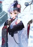  1girl bird black_hair black_kimono branch floral_print floral_print_kimono flower fur_shawl gloves hair_bun hair_flower hair_ornament highres hololive hololive_english japanese_clothes kimono lace lace_gloves mabushimi multicolored_hair multicolored_kimono official_alternate_costume outdoors print_kimono shawl shiori_novella shiori_novella_(new_year) snow solo split-color_hair two-tone_hair virtual_youtuber white_hair white_kimono yellow_eyes 