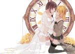  2girls black_garter_belt black_nails black_thighhighs blonde_hair breasts brown_hair closed_eyes clothing_request flower from_side full_body garter_belt hand_on_another's_cheek hand_on_another's_face highres holding_hands houraisan_chouko imminent_kiss karento kneeling lingerie looking_at_another maribel_hearn medium_breasts multiple_girls navel no_shoes parted_lips purple_eyes roman_numeral stopwatch thighhighs touhou transparent_background underwear usami_renko white_flower white_garter_belt white_nails white_thighhighs yellow_flower yuri 