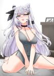  1girl absurdres alternate_costume bare_shoulders black_nightgown blush breasts cleavage collar commentary grey_eyes grey_hair hair_between_eyes highres hololive hololive_indonesia lace_trim large_breasts looking_at_viewer mikedrawart nightgown sleepwear solo tongue tongue_out vestia_zeta virtual_youtuber 