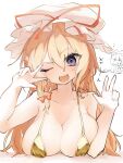  2gousu 3girls alternate_costume animal_ears bikini blonde_hair blush bow breasts cat_ears chen cleavage commentary_request double_w gold_bikini hair_bow hat hat_ribbon highres huge_breasts long_hair mob_cap multiple_girls purple_eyes red_bow red_ribbon ribbon solo swimsuit touhou translation_request w white_hat yakumo_ran yakumo_yukari 