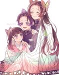  3girls adoptive_siblings animal_print behind_another black_hair blush butterfly_hair_ornament butterfly_print butterfly_print_haori closed_eyes closed_mouth commentary_request demon_slayer_uniform hair_ornament hands_on_another's_shoulders haori highres japanese_clothes kimetsu_no_yaiba kimono kochou_kanae kochou_shinobu kuze_0131 long_hair long_sleeves multiple_girls open_mouth parted_bangs pink_eyes pink_kimono print_haori purple_eyes shared_cape shared_clothes short_hair siblings side_ponytail simple_background sisters smile tsuyuri_kanao twitter_username white_background 