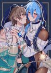  2boys :d ahoge arm_around_another's_waist arm_around_shoulder blue_background blue_dress blue_eyes blue_gem blue_hair blue_hood blush bow brown_bodystocking brown_hair cable_knit chain chest_harness christmas closed_mouth clothing_cutout cross dress edmond_(nu_carnival) eiden_(nu_carnival) furrowed_brow gem green_jacket groin hair_between_eyes hair_over_one_eye half-closed_eyes hand_on_another's_hip harness highres hip_vent holding_hands inset_border interlocked_fingers jacket light_particles long_hair long_sleeves looking_at_another low_ponytail male_focus multicolored_bow multiple_boys nu_417 nu_carnival o-ring o-ring_harness off-shoulder_jacket off_shoulder official_alternate_costume pelvic_curtain ponytail short_hair shoulder_cutout sleeve_bow smile sweater turtleneck turtleneck_sweater v-shaped_eyebrows white_sweater yaoi 