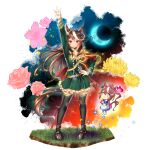  2girls aiguillette animal_ears ascot blue_eyes blush brown_hair buttons cape chibi closed_mouth commentary_request crescent_moon double-breasted earrings epaulettes flower gloves green_jacket green_skirt hair_between_eyes heart highres horse_ears horse_girl horse_tail jacket jewelry long_hair long_sleeves medal middle_w moon multicolored_hair multiple_girls pink_ascot ponytail purple_eyes red_cape side_cape single_earring single_epaulette skirt smile streaked_hair sugimotty_nova symboli_rudolf_(emperor's_path)_(umamusume) symboli_rudolf_(umamusume) tail tokai_teio_(peak_joy)_(umamusume) tokai_teio_(umamusume) umamusume w white_ascot white_gloves white_hair white_jacket white_skirt 