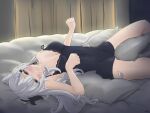  1girl absurdres alternate_costume bare_shoulders bed black_nightgown blush breasts cleavage commentary curtains grey_eyes grey_hair hair_between_eyes highres hololive hololive_indonesia lace_trim large_breasts looking_at_viewer lying messy_hair morning nana93 nightgown on_back pillow sleepwear solo vestia_zeta virtual_youtuber 