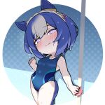  1girl animal_ears blue_hair blue_one-piece_swimsuit cesario_(umamusume) closed_mouth commentary_request competition_swimsuit highres horse_ears horse_girl horse_tail looking_at_viewer multicolored_hair one-piece_swimsuit purple_eyes short_hair smile standing streaked_hair swimsuit tail thighs umamusume warashi wet white_hair white_streaks 