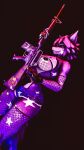  anthro assault_rifle bottomwear canid canine clothing female fingerless_gloves fishnet_clothing fox fur gloves gun handwear heresy_sfm hi_res hotpants looking_at_viewer m16 mammal purple_body purple_eyes purple_fur ranged_weapon rifle shorts smile solo violette_(heresy_sfm) weapon 