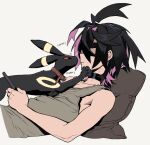  1boy alternate_costume black_choker black_hair brown_collar choker collar colored_sclera commentary cropped_torso crossed_bangs ear_piercing english_commentary english_text from_side grey_background grey_tank_top hair_between_eyes highres holding kieran_(pokemon) knifedragon male_focus multicolored_hair piercing pillow pokemon pokemon_(creature) pokemon_scarlet_and_violet purple_hair reclining red_sclera simple_background tank_top umbreon upper_body 