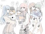  6+girls aged_down bang_dream! bang_dream!_it's_mygo!!!!! black_hat blonde_hair blue_eyes brown_hair bug carrying carrying_person chihaya_anon dress fang green_hair grey_eyes grey_hair hair_ribbon hat highres holding_bug hood hoodie light_blush long_hair long_sleeves looking_at_another misumi_uika multiple_girls nagasaki_soyo piggyback pink_eyes pink_hair ribbon shirt short_hair skirt speech_bubble suudori sweatdrop takamatsu_tomori three-quarter_sleeves togawa_sakiko wakaba_mutsumi white_background yellow_eyes 
